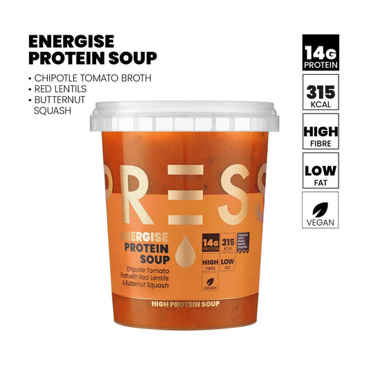 ENERGISE: Chipotle Tomato Broth With Red Lentils & Butternut Squash Protein Soup