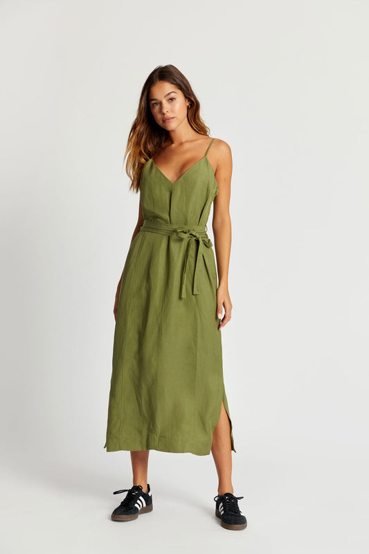 IMAN Slip Dress - Tencel Linen Khaki Green